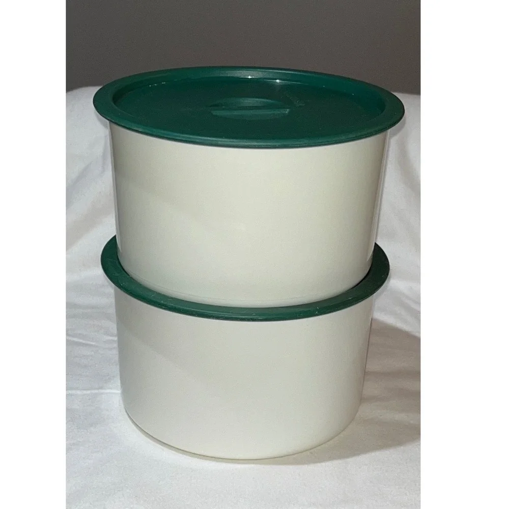 Vintage Tupperware Canister Set Cream Hunter Green Round 2 Bases 2 Lids Scoop‎